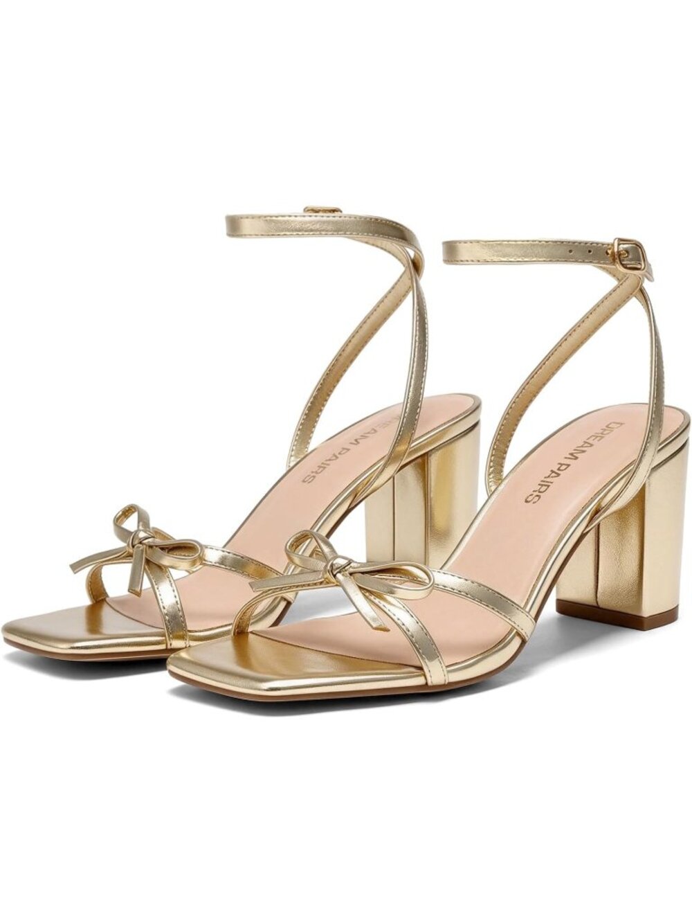 Women's Gold Faux Leather Square Open Toe Elegant Bow Strappy Block Heel Sandals